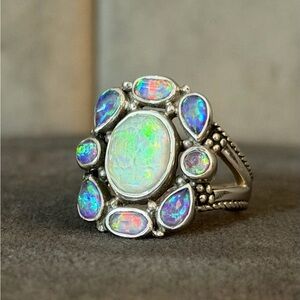 SAJEN Genuine Quartz Crystal over Opal, Solid Sterling Silver Ring Sz 8.5